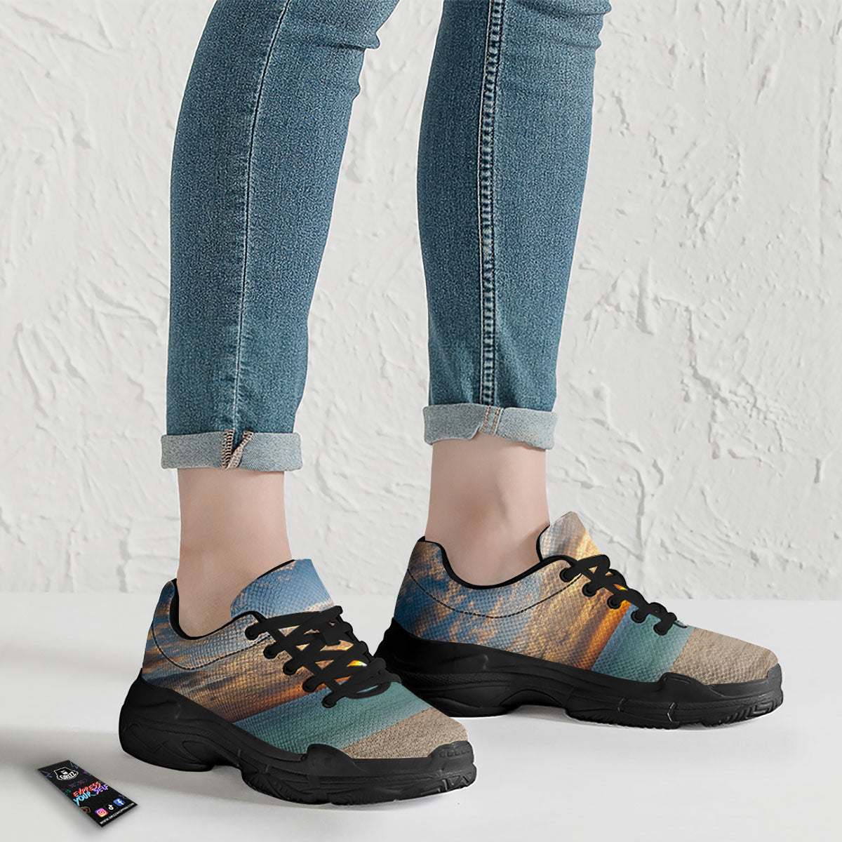 Sand Beach And Sunset Print Black Chunky Shoes-grizzshop