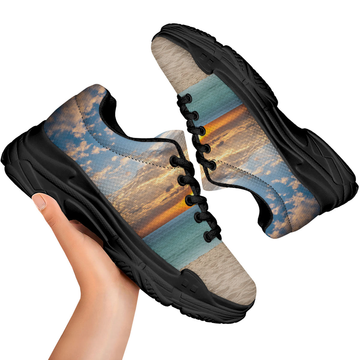 Sand Beach And Sunset Print Black Chunky Shoes-grizzshop