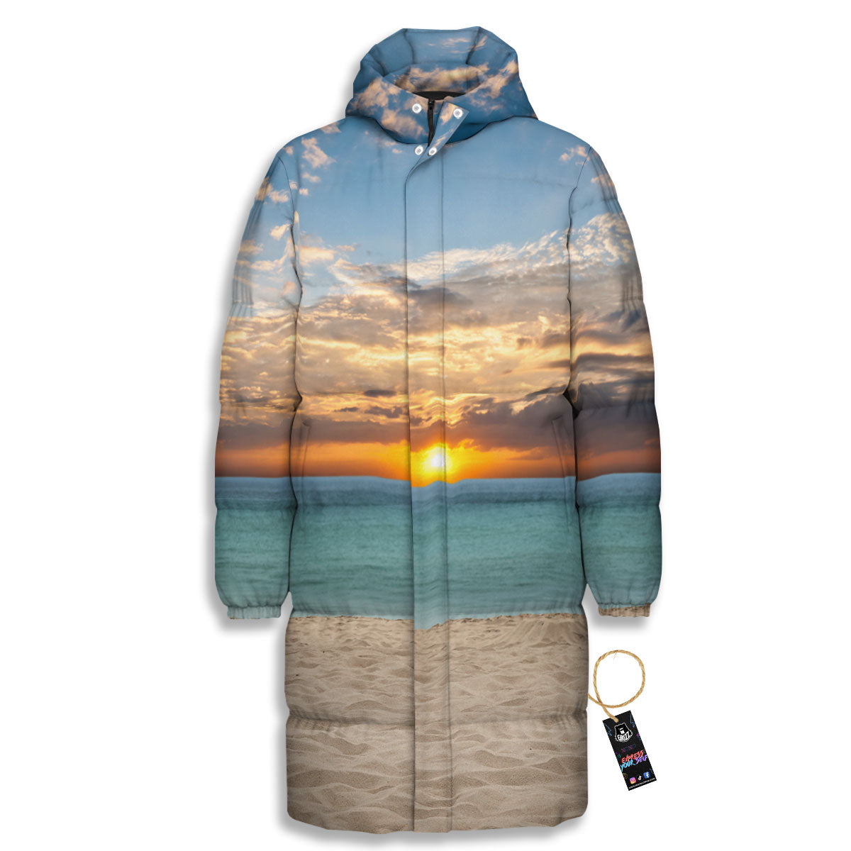 Sand Beach And Sunset Print Long Down Jacket-grizzshop