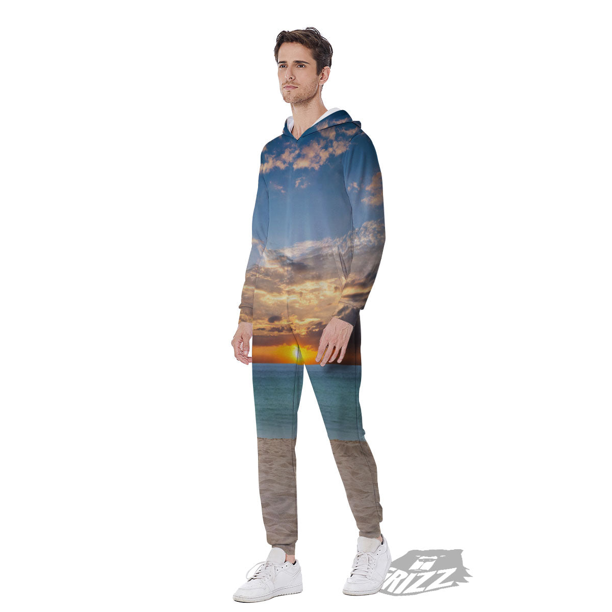 Sand Beach And Sunset Print Men's Jumpsuit-grizzshop