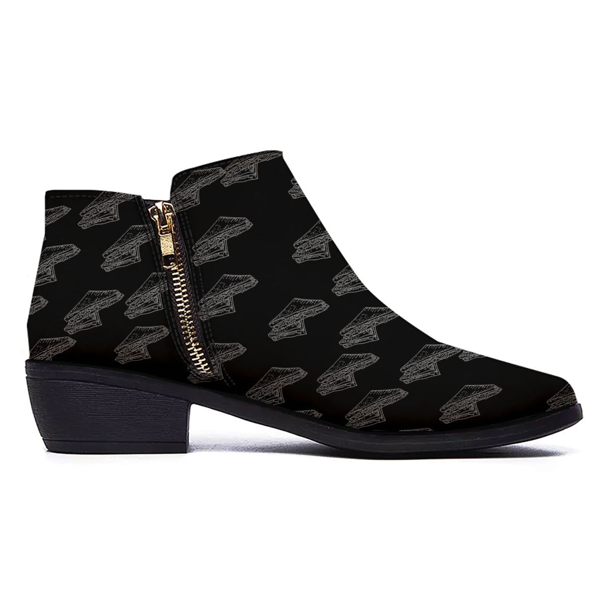 Sandwich Black Doodle Print Pattern Ankle Boots-grizzshop