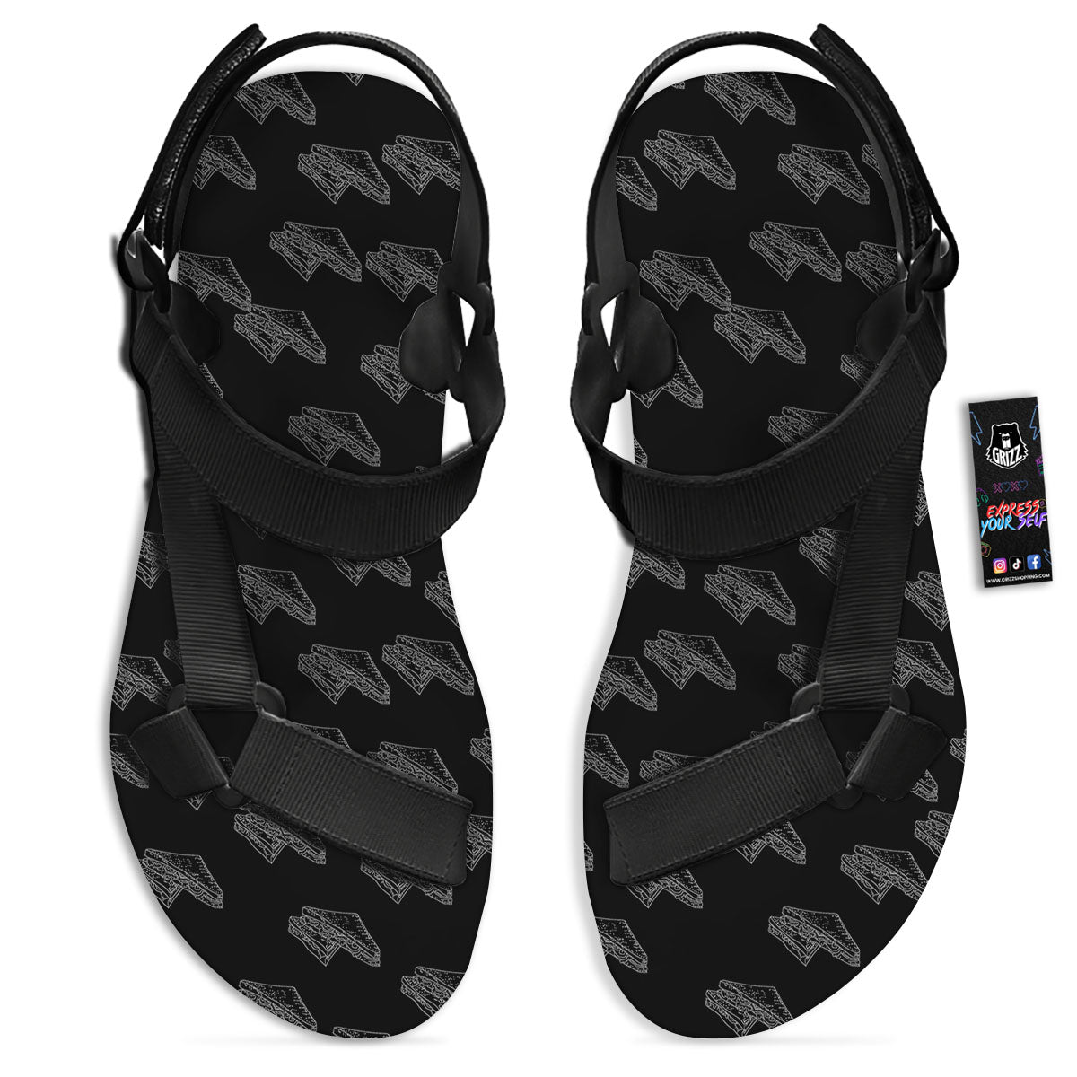 Sandwich Black Doodle Print Pattern Black Open Toe Sandals-grizzshop