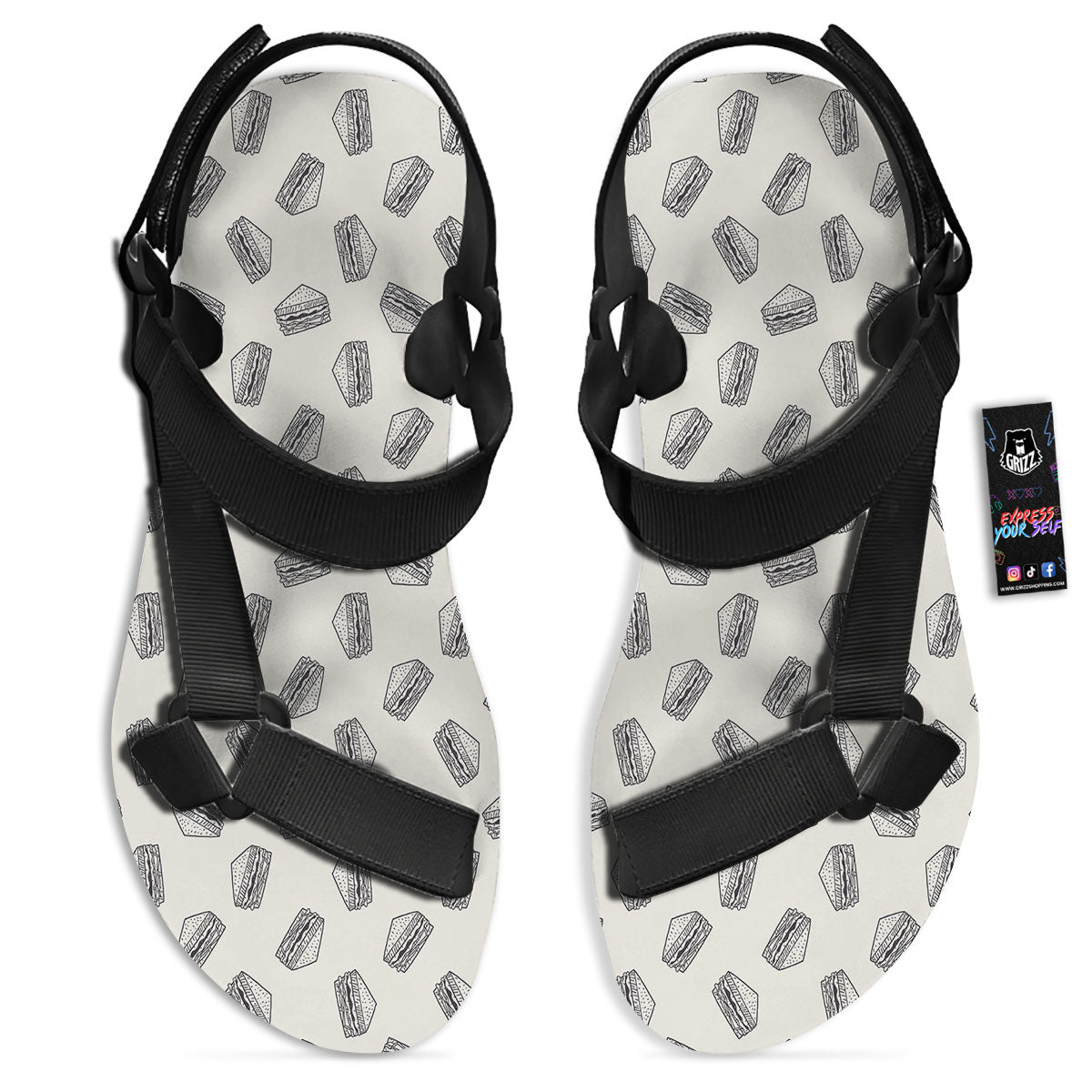Sandwich Grey Doodle Print Pattern Black Open Toe Sandals-grizzshop