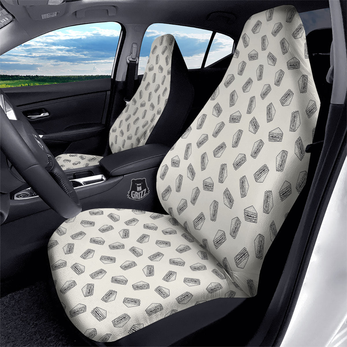 Sandwich Grey Doodle Print Pattern Car Seat Covers-grizzshop