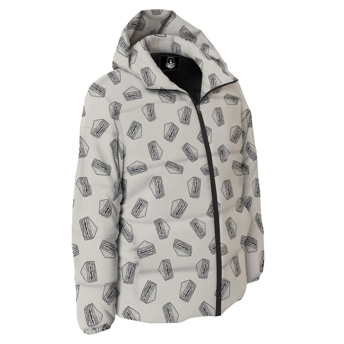 Sandwich Grey Doodle Print Pattern Down Jacket-grizzshop