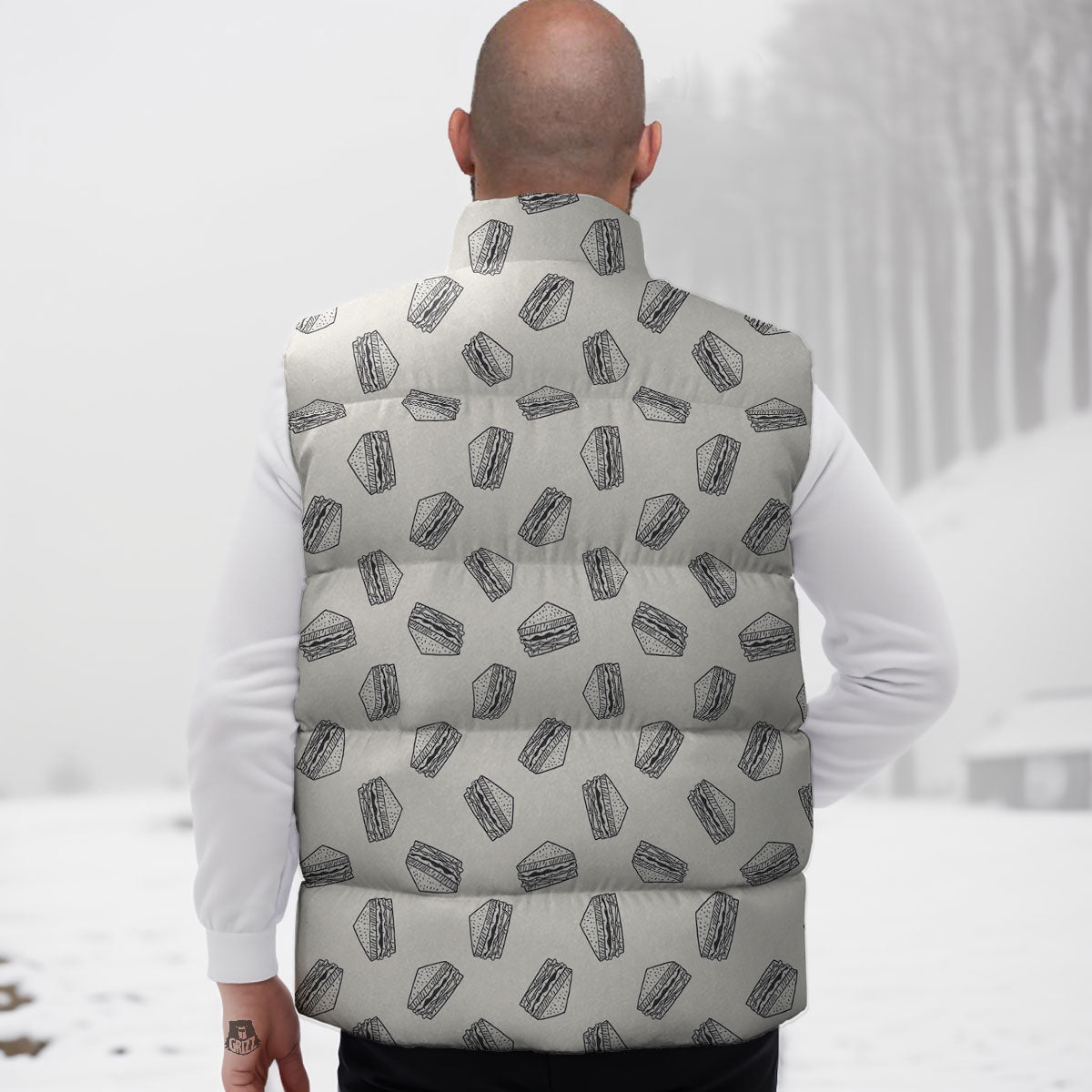 Sandwich Grey Doodle Print Pattern Down Vest-grizzshop