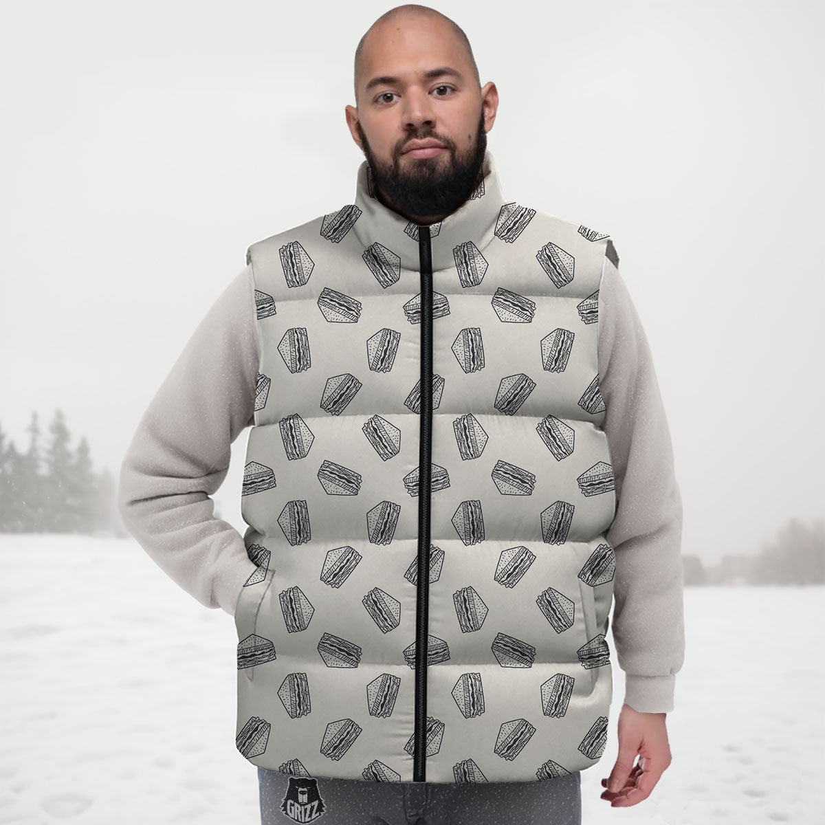 Sandwich Grey Doodle Print Pattern Down Vest