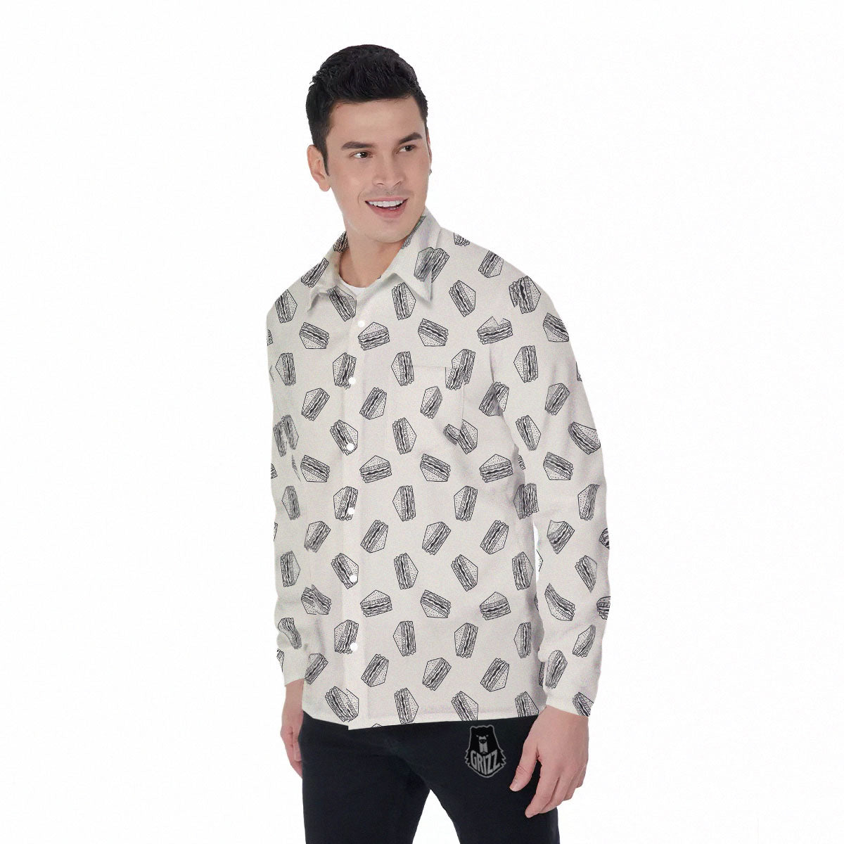 Sandwich Grey Doodle Print Pattern Men's Long Sleeve Shirts-grizzshop