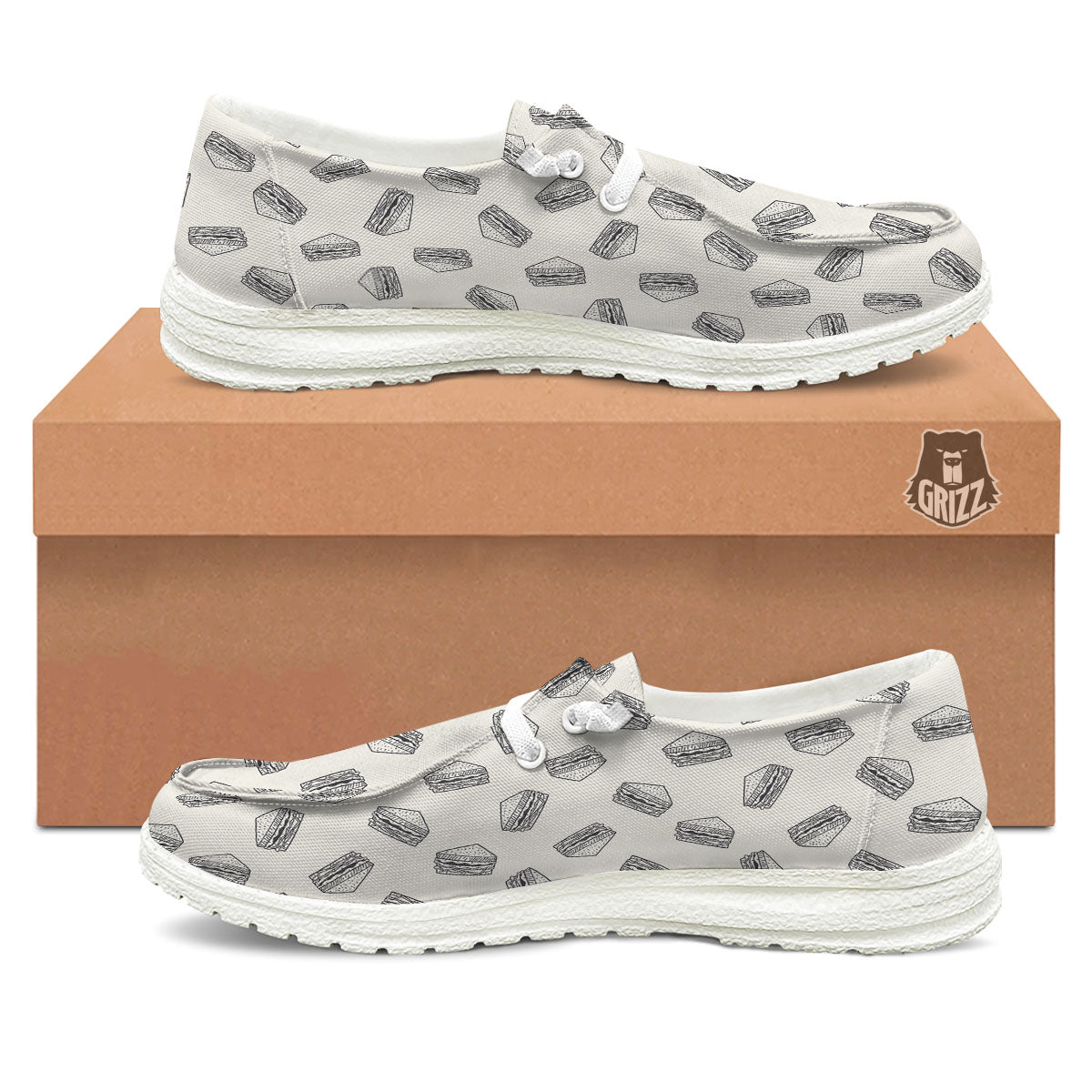Sandwich Grey Doodle Print Pattern White Loafers-grizzshop
