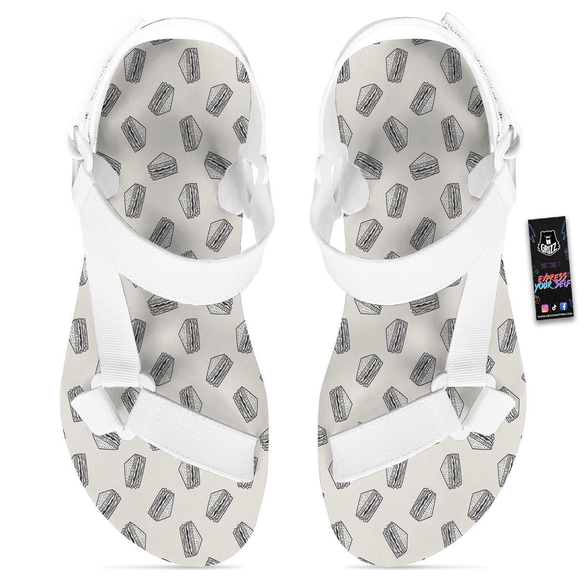 Sandwich Grey Doodle Print Pattern White Open Toe Sandals-grizzshop
