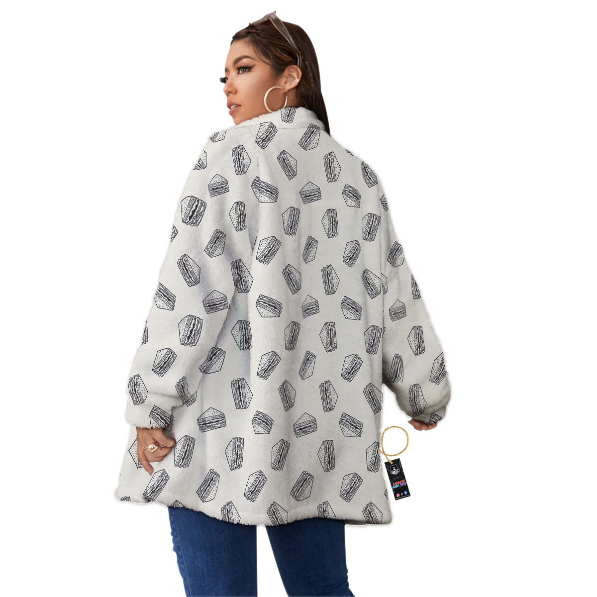 Sandwich Grey Doodle Print Pattern Women's Sherpa Jacket-grizzshop