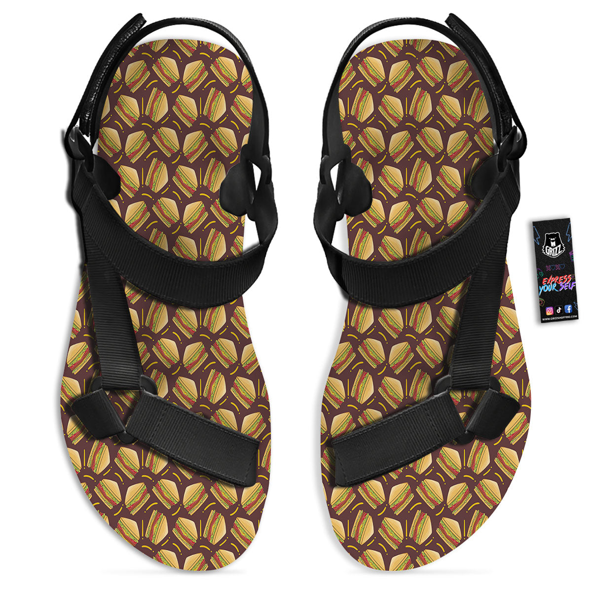 Sandwiches Brown Print Pattern Black Open Toe Sandals-grizzshop