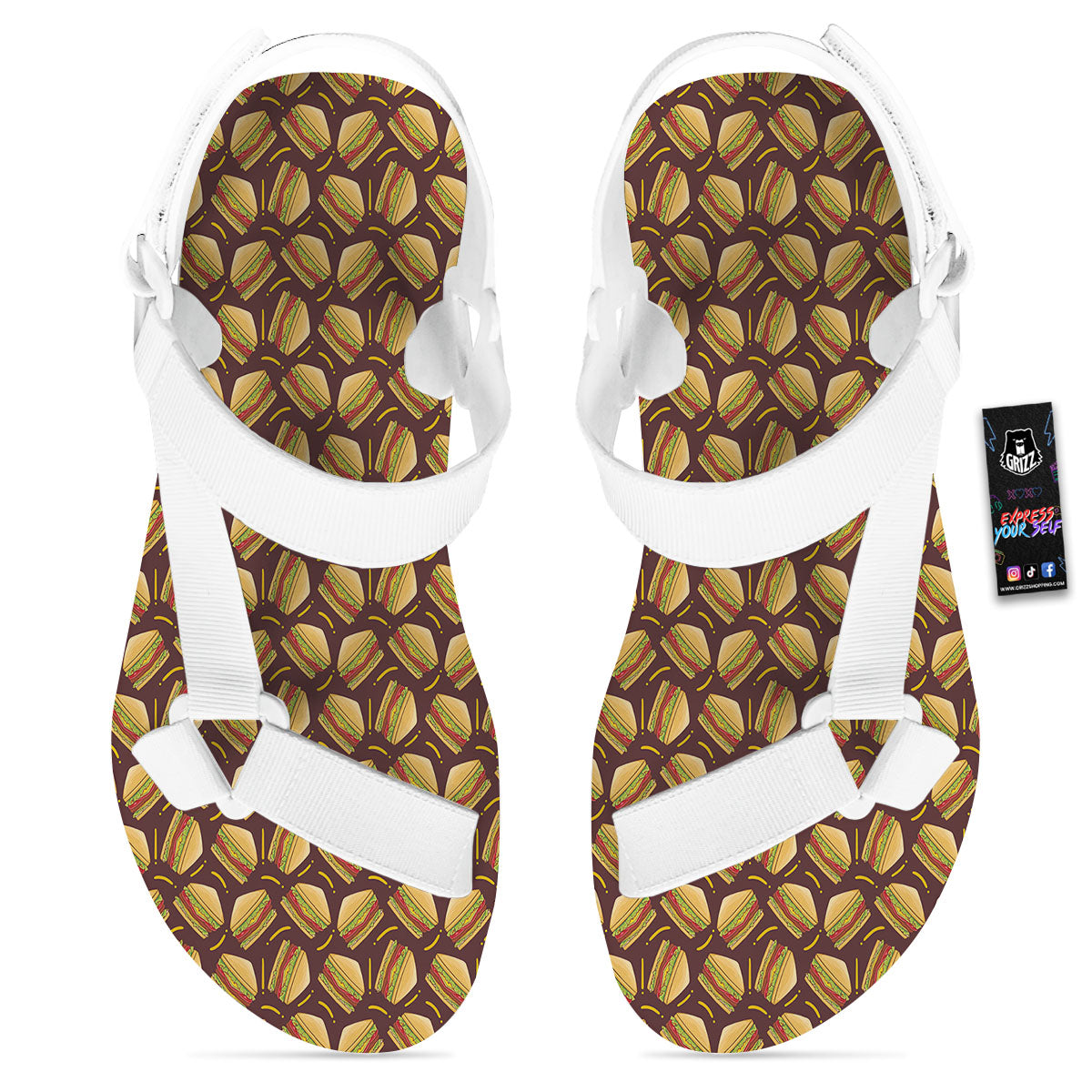 Sandwiches Brown Print Pattern White Open Toe Sandals-grizzshop