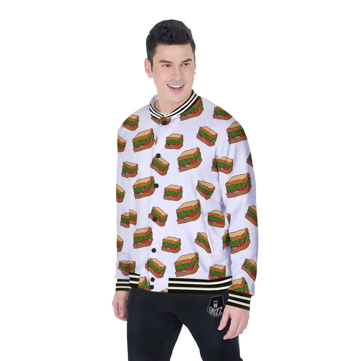 Sandwiches White Print Pattern Baseball Jacket-grizzshop