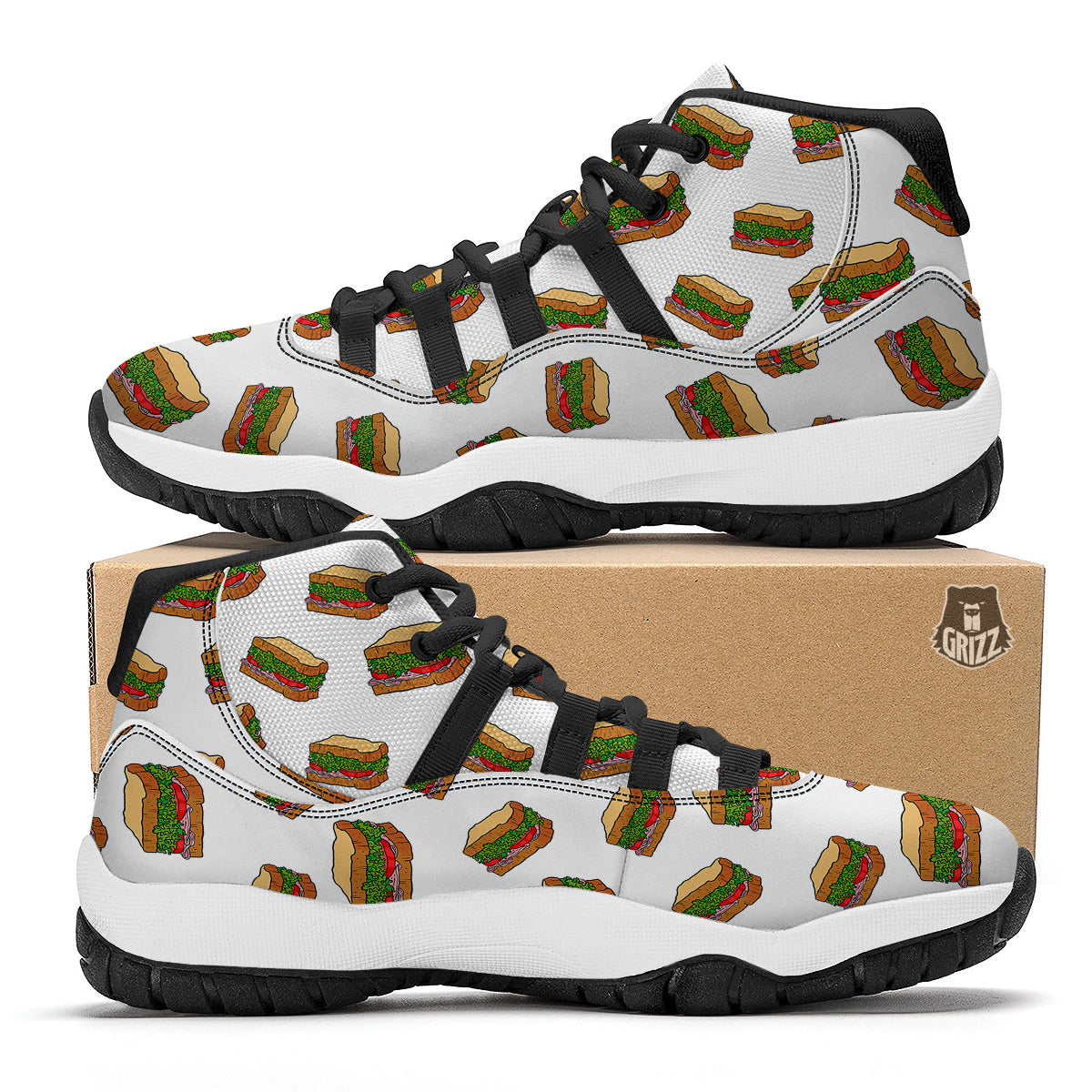 Sandwiches White Print Pattern Black Bball Shoes-grizzshop