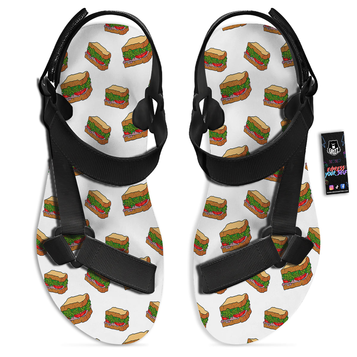Sandwiches White Print Pattern Black Open Toe Sandals-grizzshop