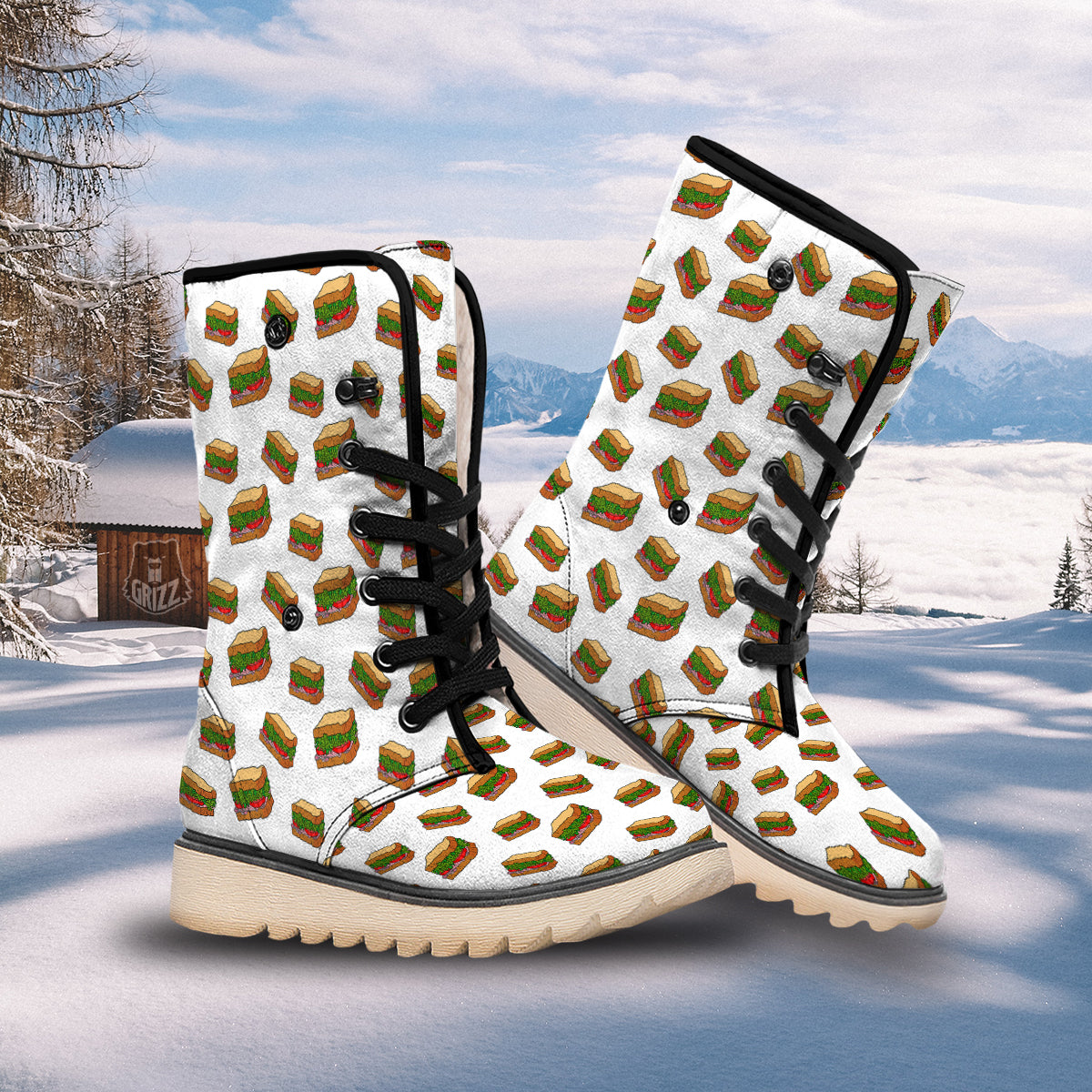 Sandwiches White Print Pattern Snow Boots-grizzshop