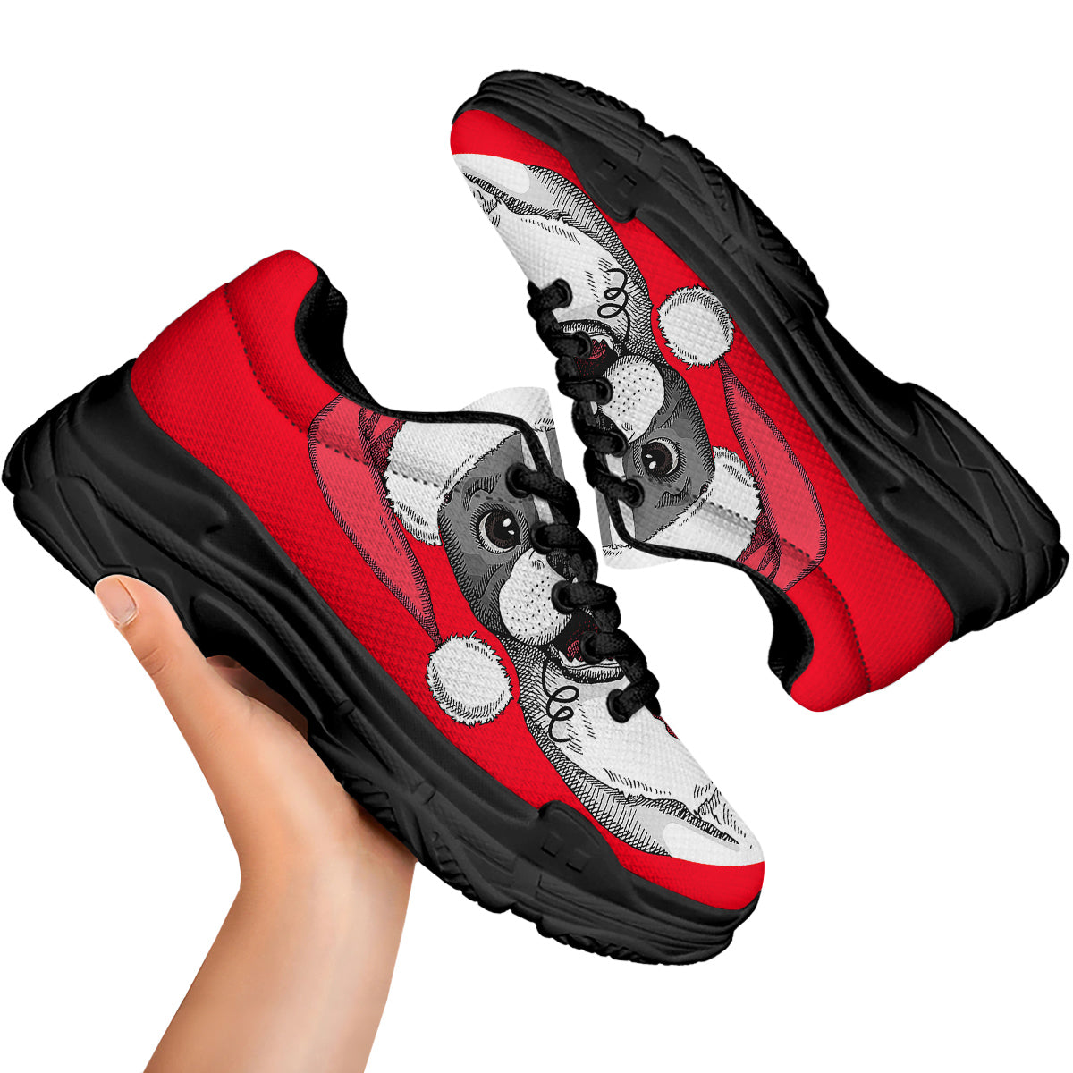 Santa Christmas French Bulldog Print Black Chunky Shoes-grizzshop