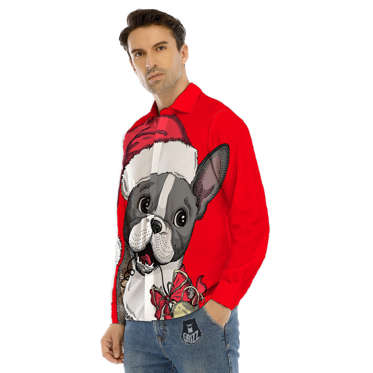 Santa Christmas French Bulldog Print Men's Dress Shirts-grizzshop