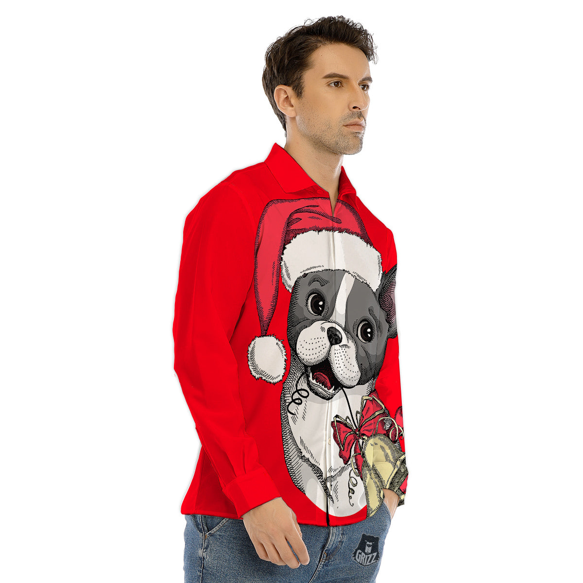 Santa Christmas French Bulldog Print Men's Dress Shirts-grizzshop