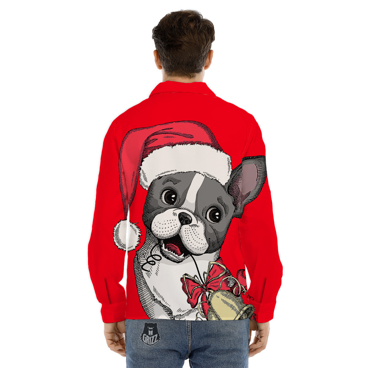Santa Christmas French Bulldog Print Men's Dress Shirts-grizzshop
