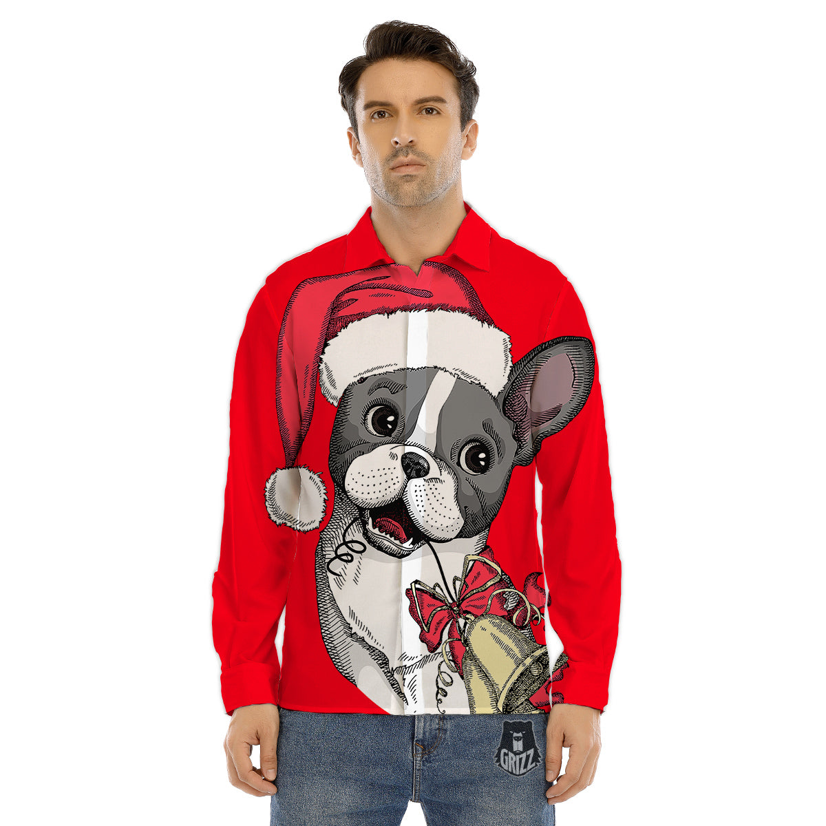 Santa Christmas French Bulldog Print Men's Dress Shirts-grizzshop