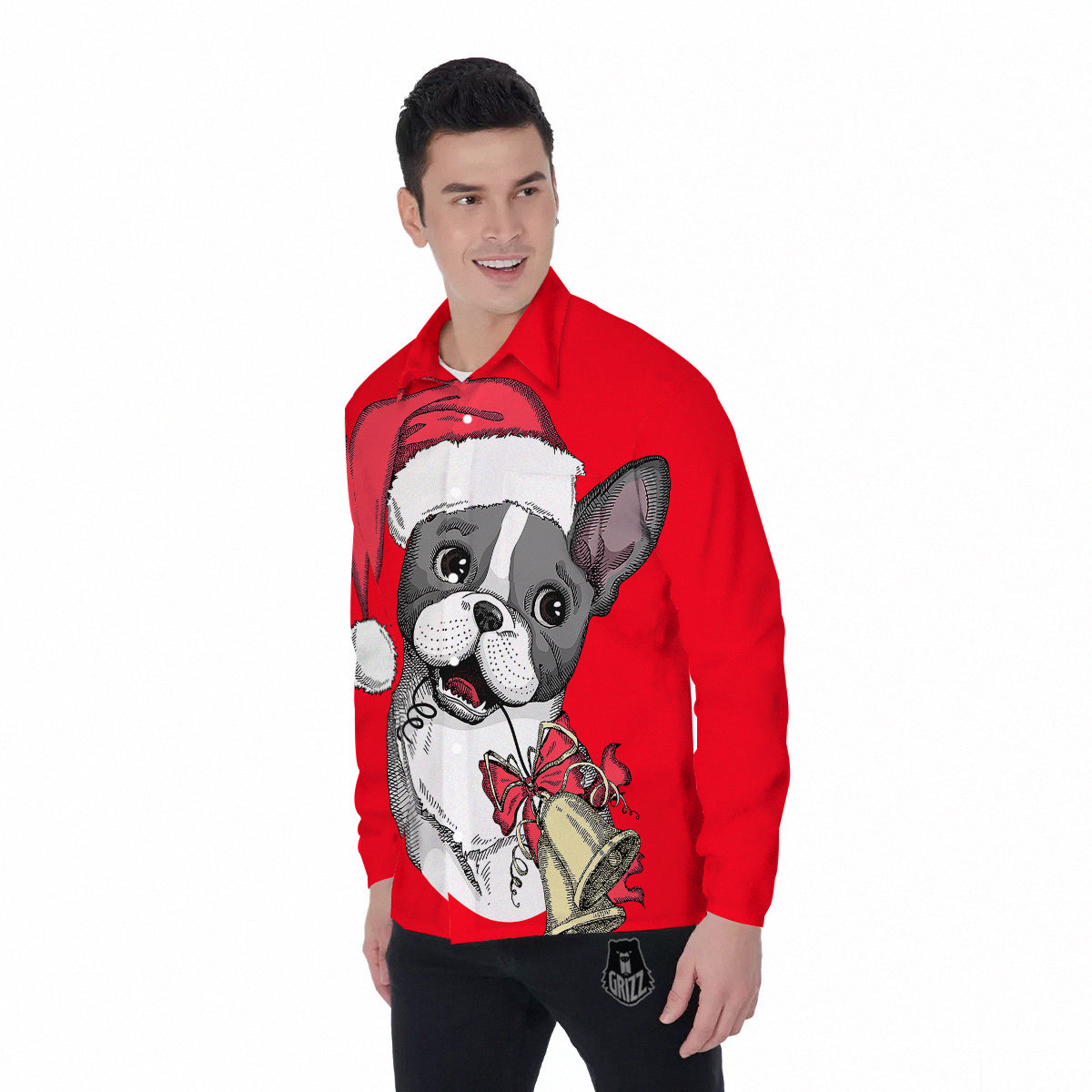 Santa Christmas French Bulldog Print Men's Long Sleeve Shirts-grizzshop