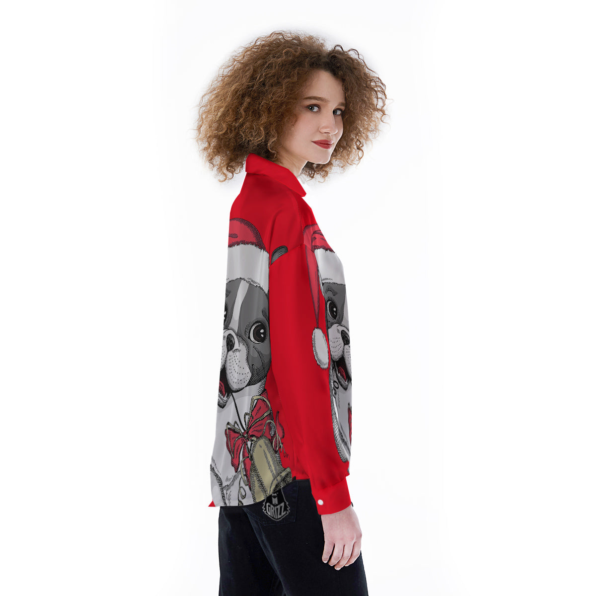 Santa Christmas French Bulldog Print Women's Long Sleeve Shirts-grizzshop