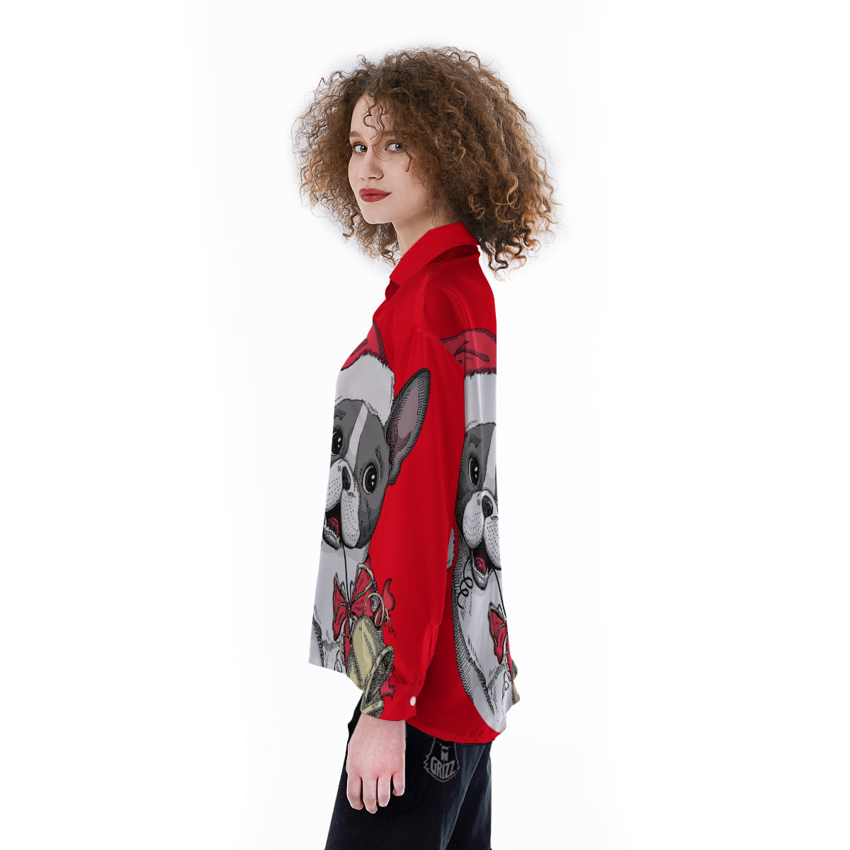 Santa Christmas French Bulldog Print Women's Long Sleeve Shirts-grizzshop