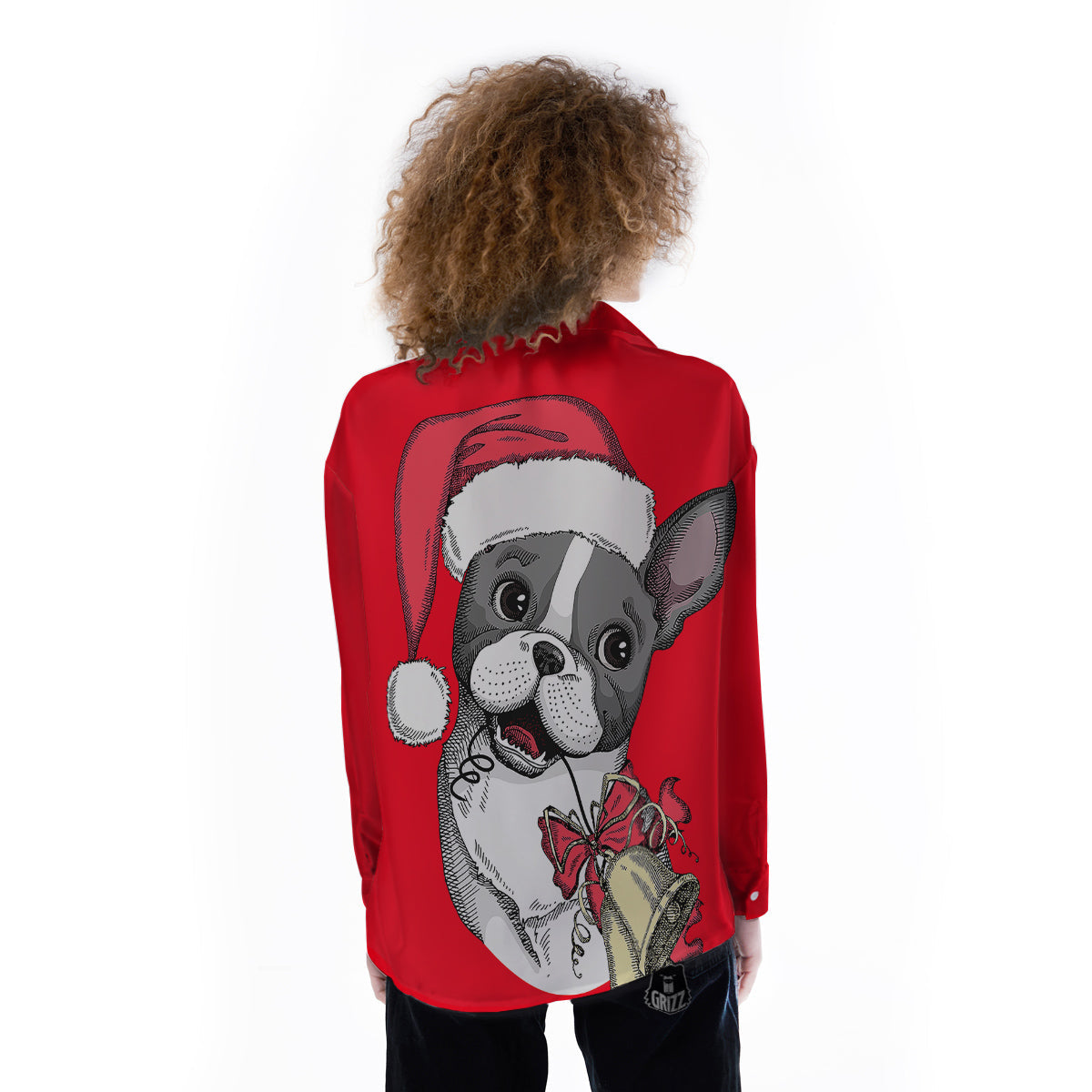 Santa Christmas French Bulldog Print Women's Long Sleeve Shirts-grizzshop