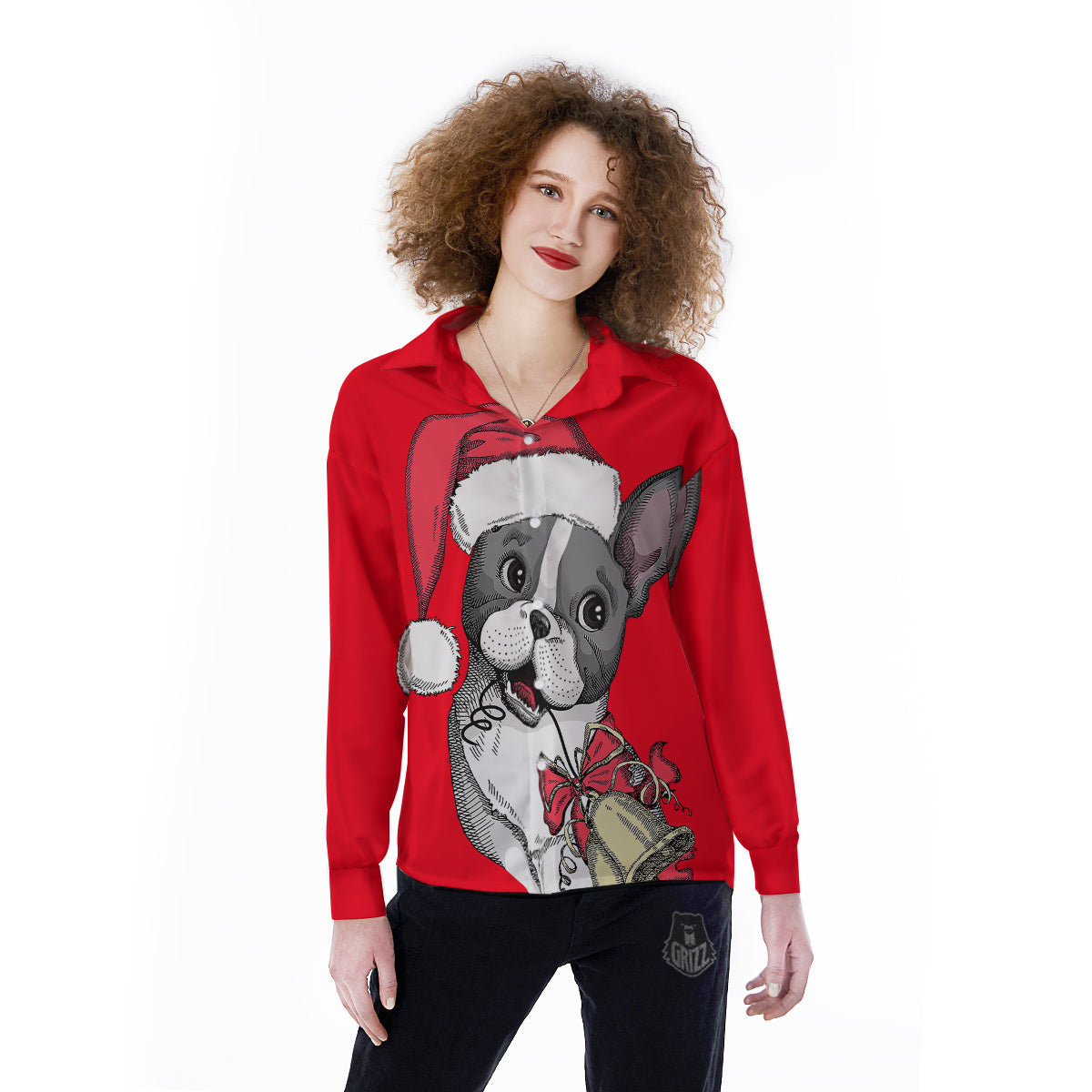 Santa Christmas French Bulldog Print Women's Long Sleeve Shirts-grizzshop