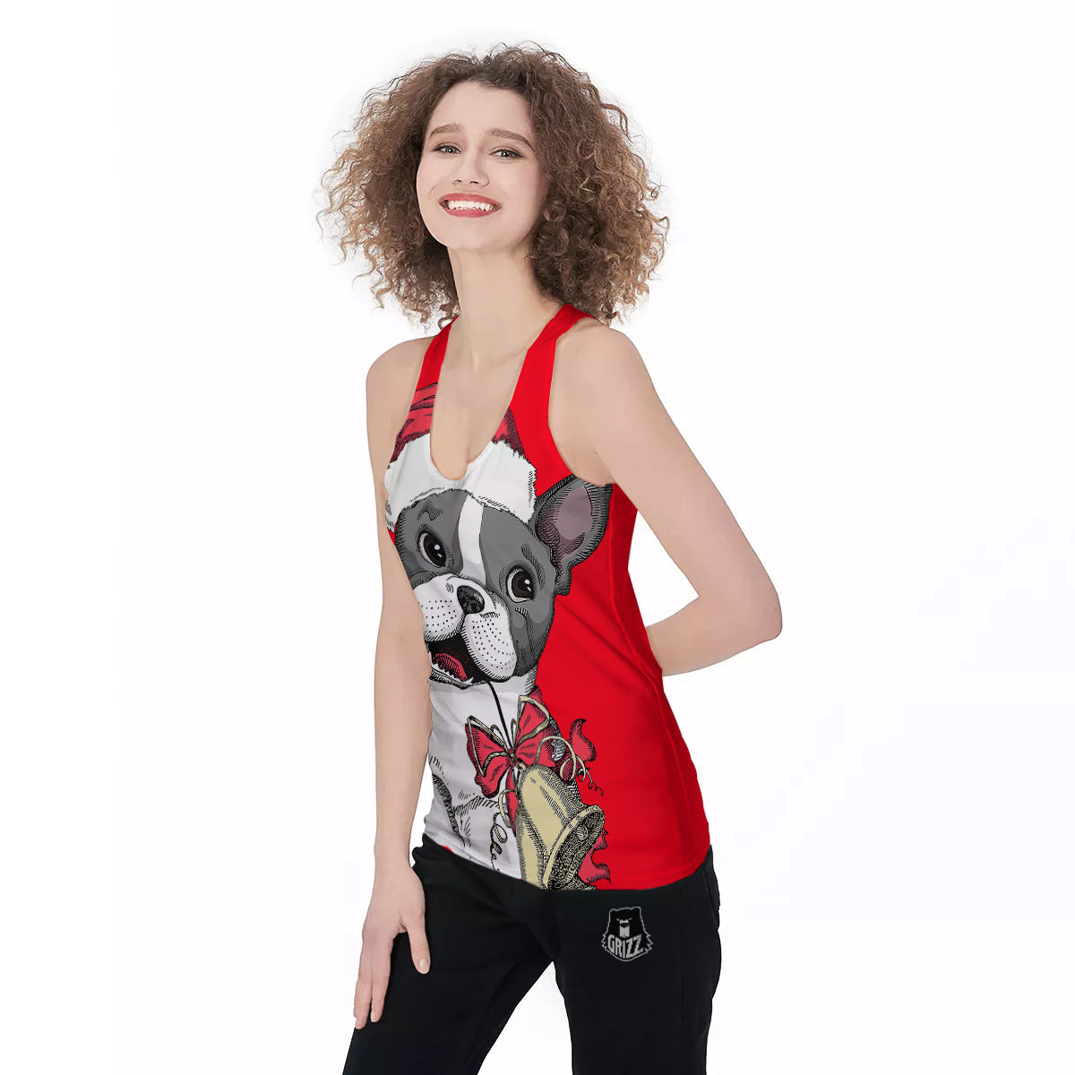 Santa Christmas French Bulldog Print Women's Racerback Tank Top-grizzshop