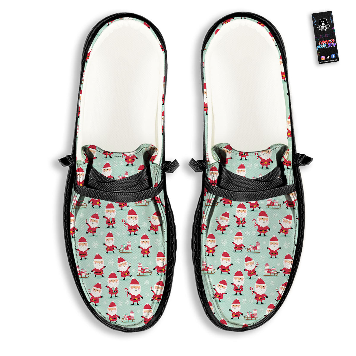 Santa Claus Cartoon Print Pattern Black Loafers-grizzshop