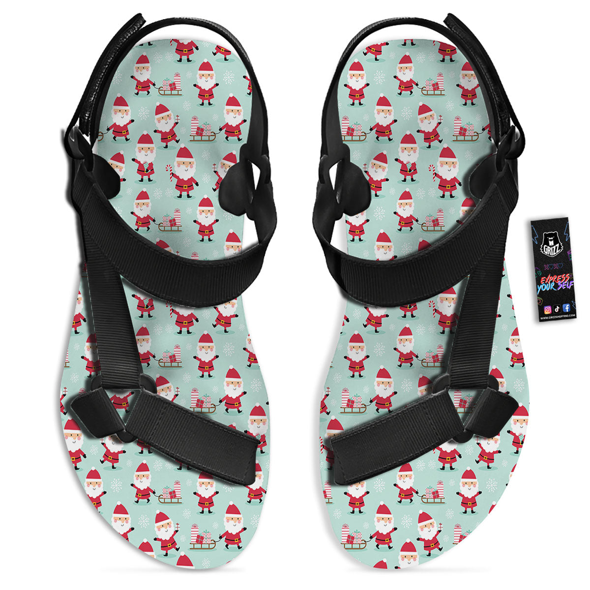 Santa Claus Cartoon Print Pattern Black Open Toe Sandals-grizzshop