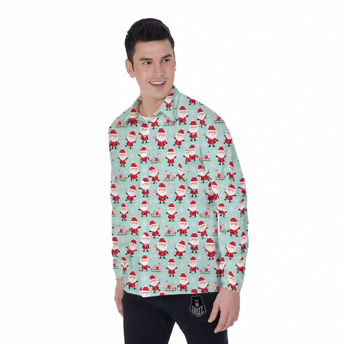 Santa Claus Cartoon Print Pattern Men's Long Sleeve Shirts-grizzshop