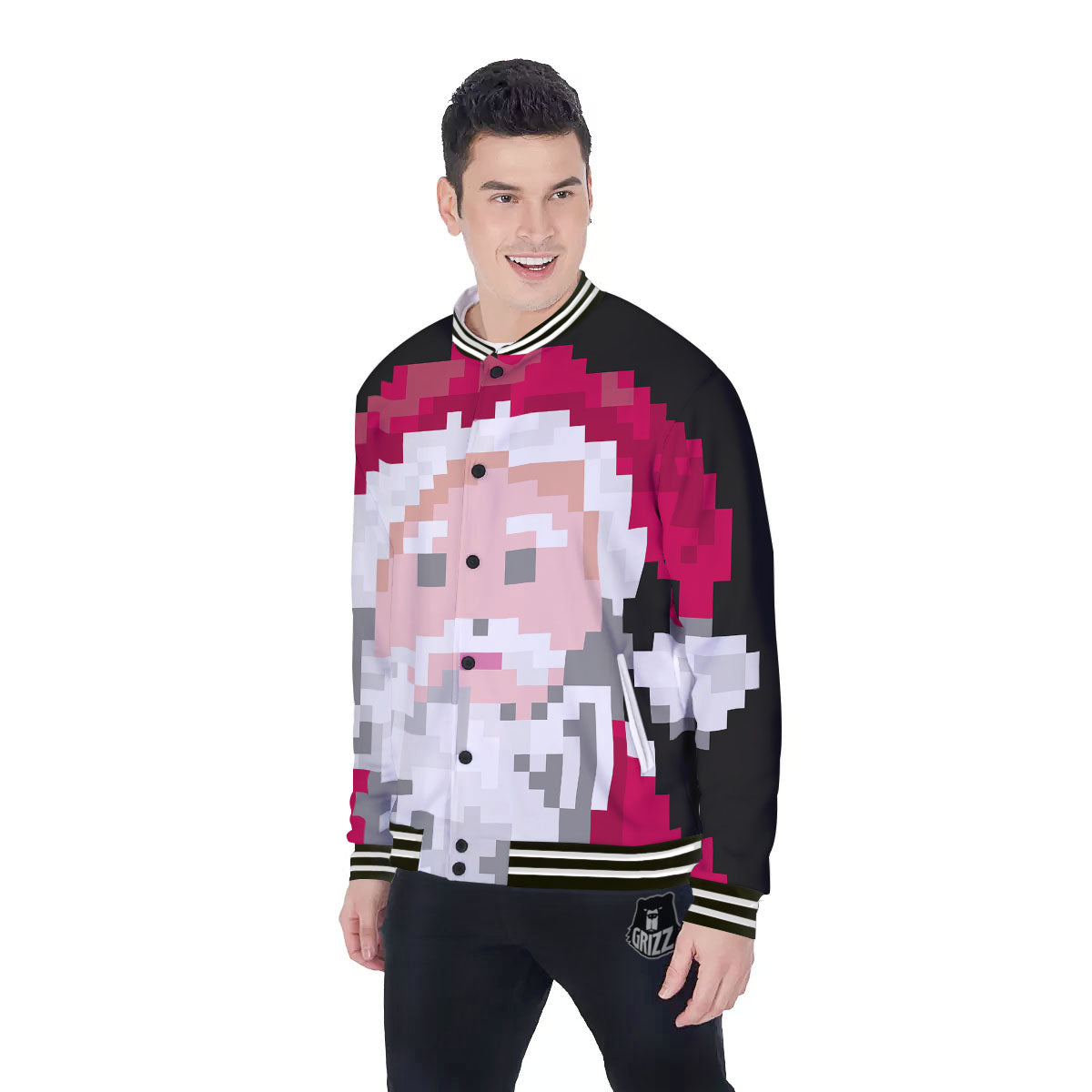 Santa Claus Christmas Pixel Print Baseball Jacket-grizzshop
