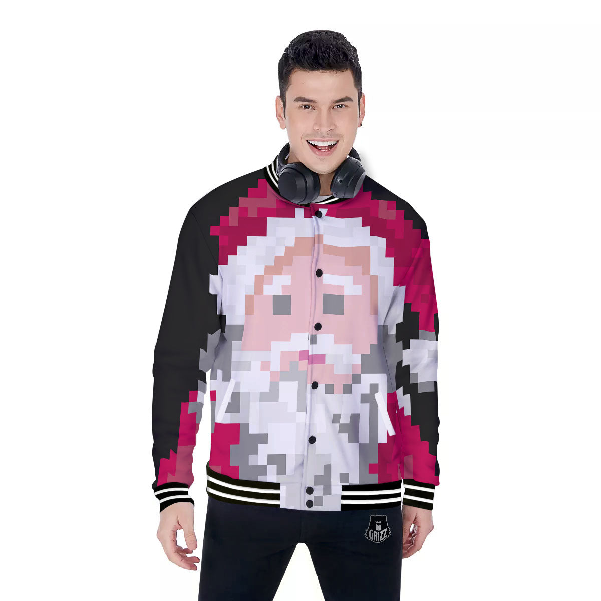 Santa Claus Christmas Pixel Print Baseball Jacket-grizzshop