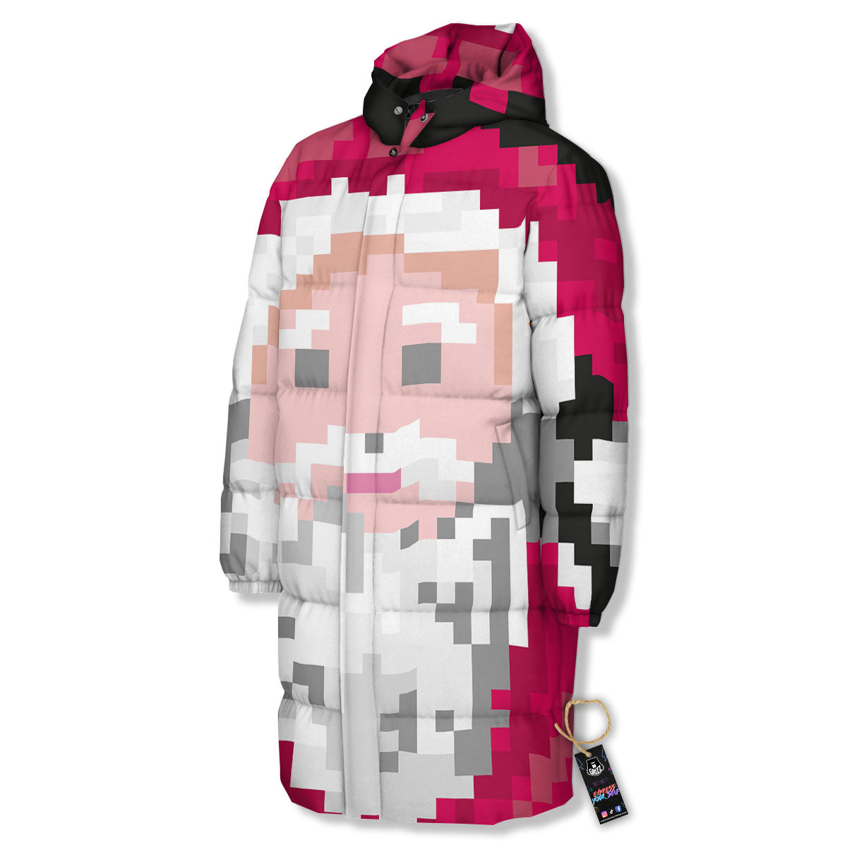 Santa Claus Christmas Pixel Print Long Down Jacket-grizzshop