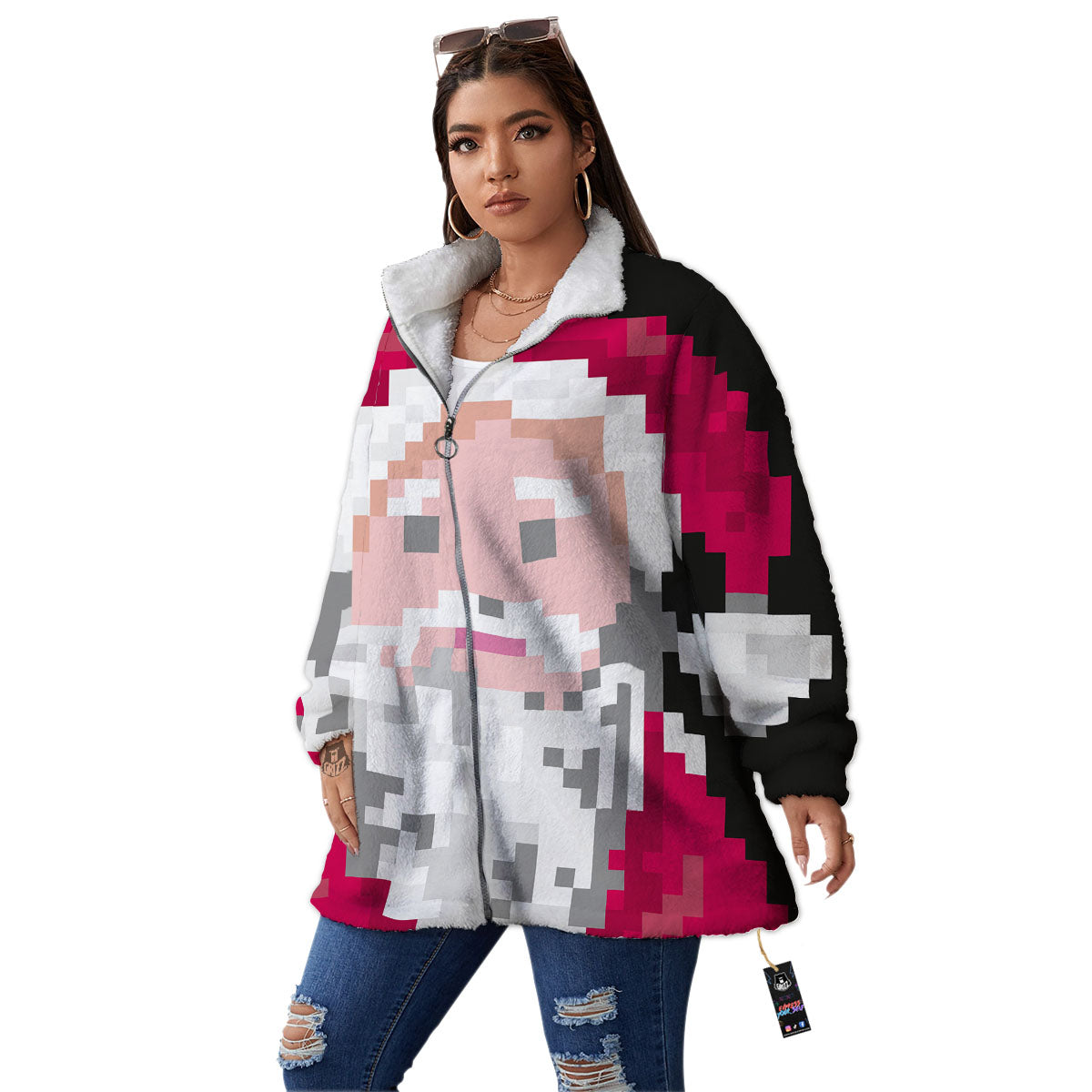 Santa Claus Christmas Pixel Print Women's Sherpa Jacket-grizzshop