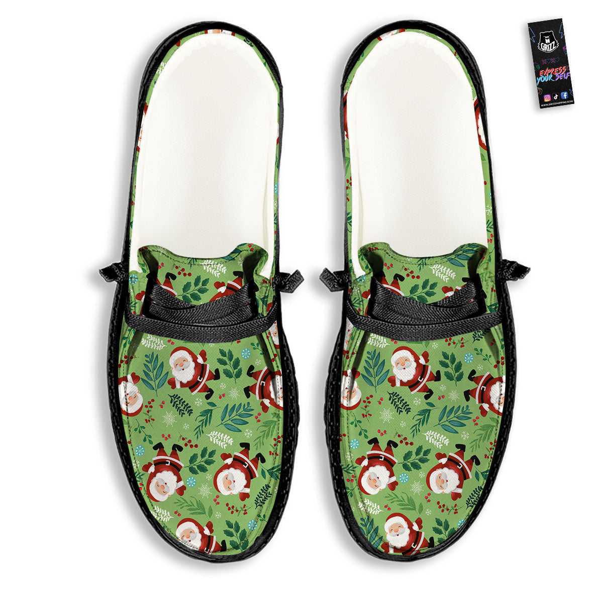 Santa Claus Happy Print Pattern Black Loafers-grizzshop