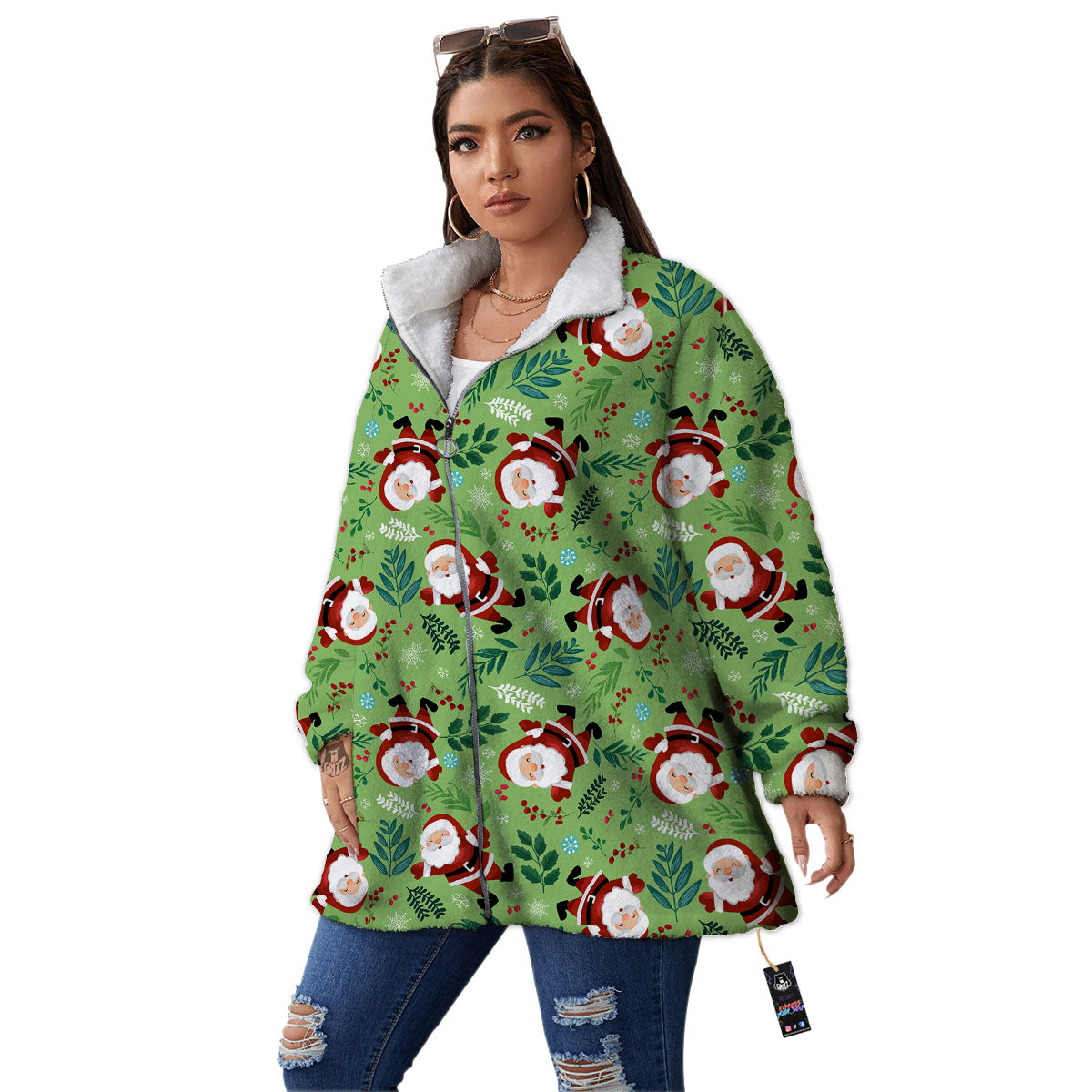 Santa Claus Happy Print Pattern Women's Sherpa Jacket-grizzshop
