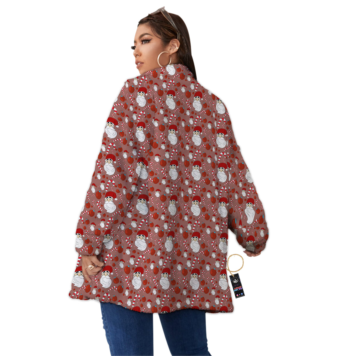 Santa Claus Hat And Candy Print Pattern Women's Sherpa Jacket-grizzshop