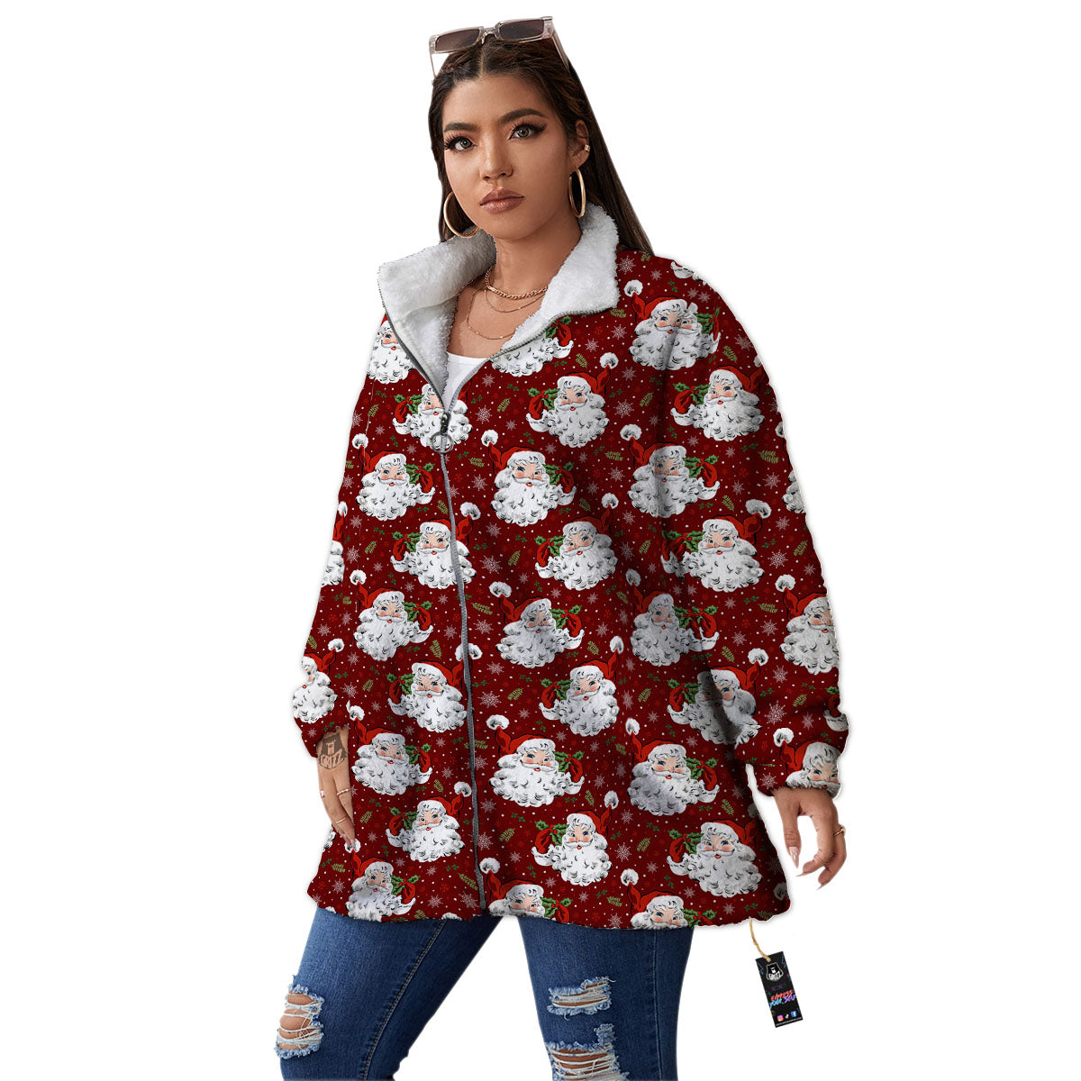 Santa Claus Xmas Print Pattern Women's Sherpa Jacket-grizzshop