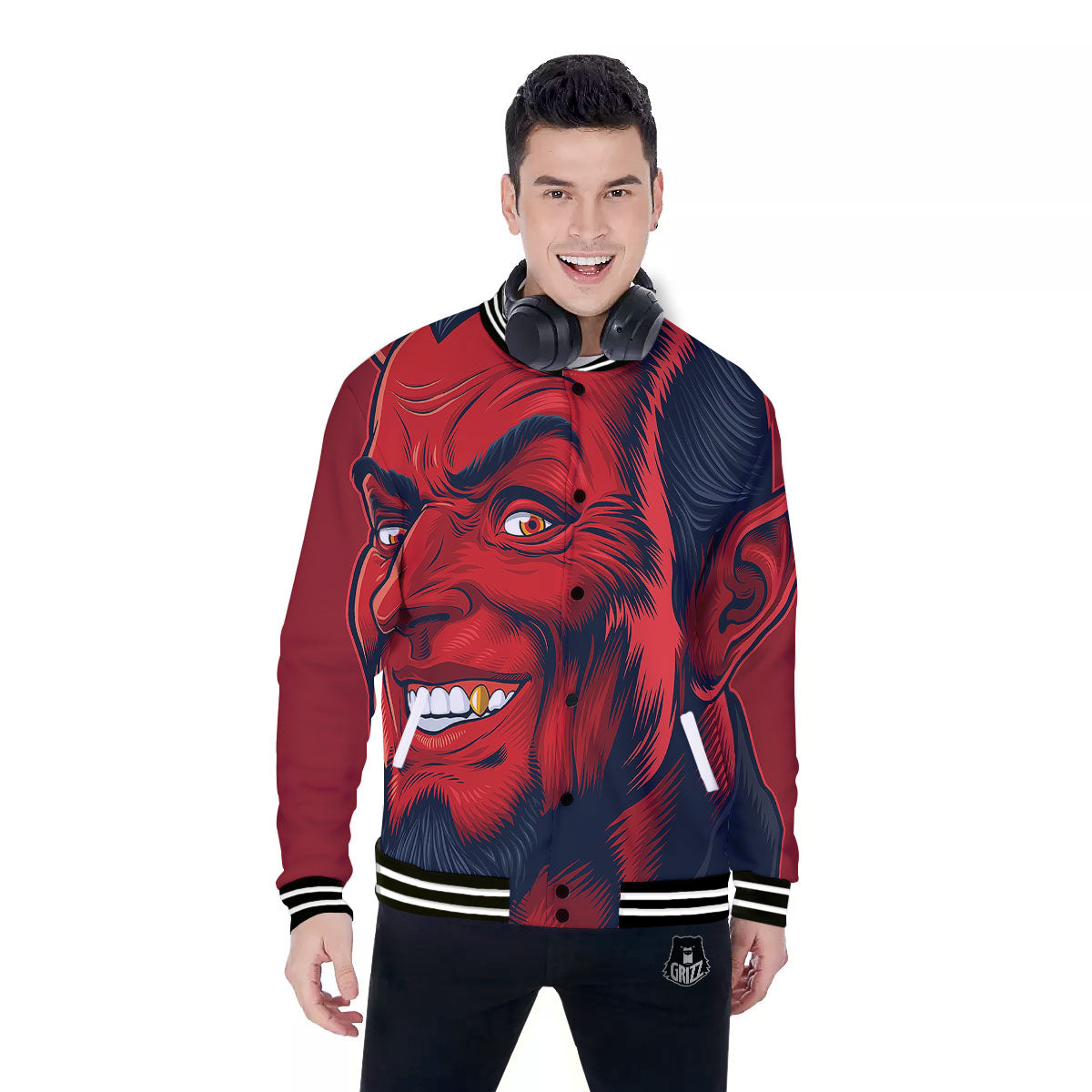 Satan Red Devil Print Baseball Jacket-grizzshop