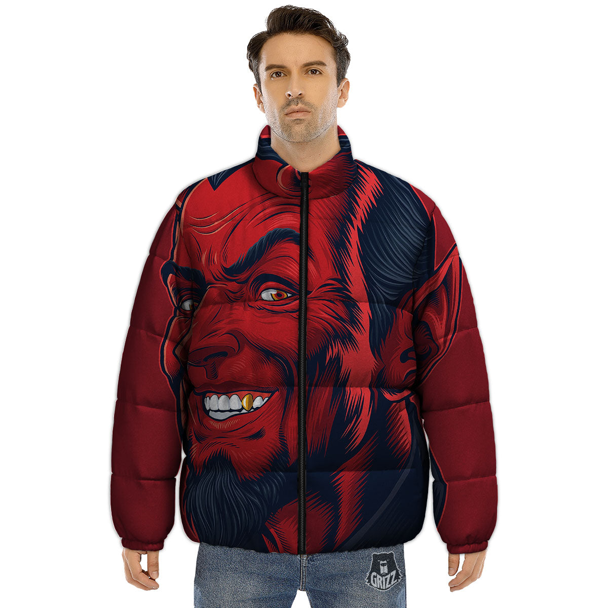 Satan Red Devil Print Puffer Jacket-grizzshop