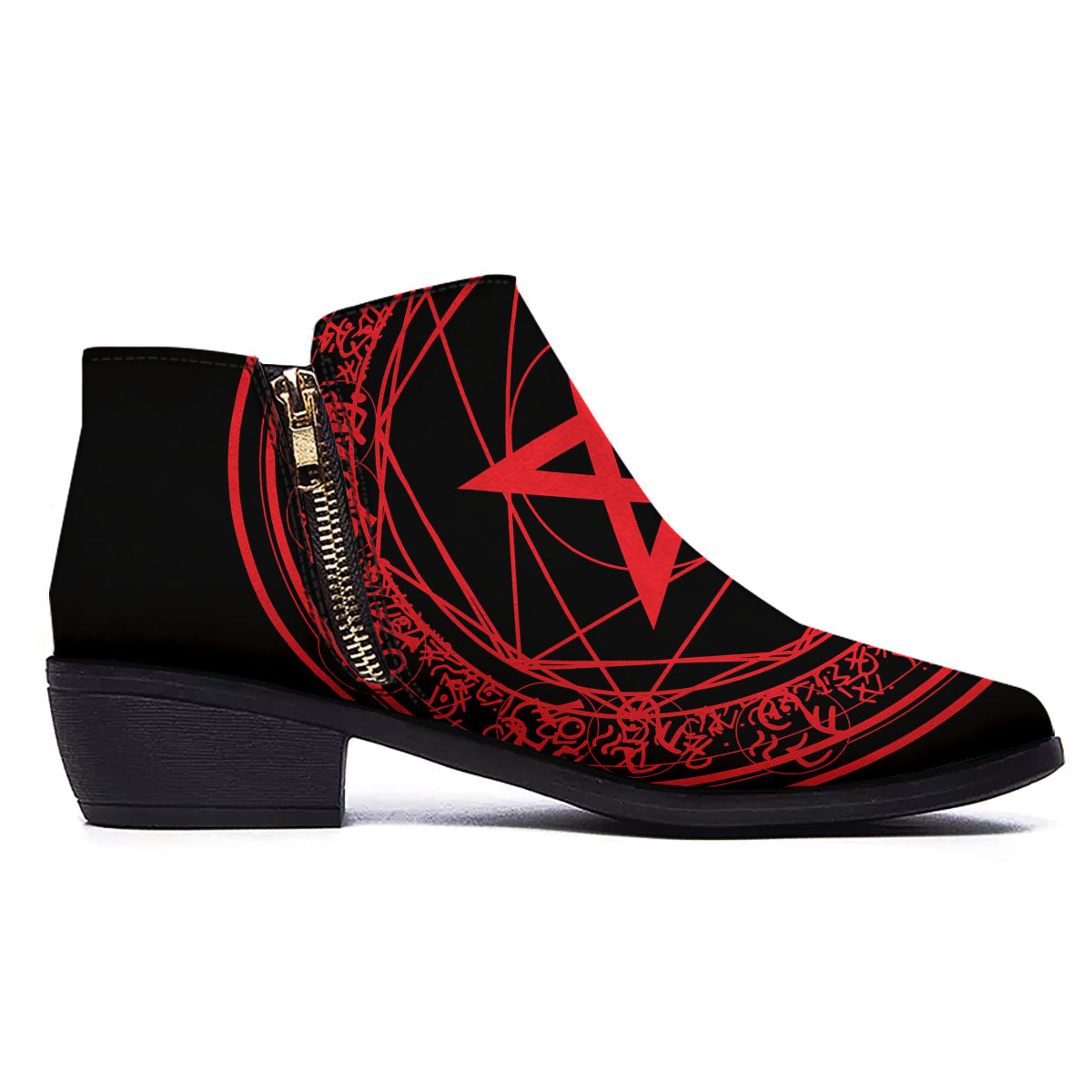 Satanic Pentagram Red And Black Print Ankle Boots-grizzshop