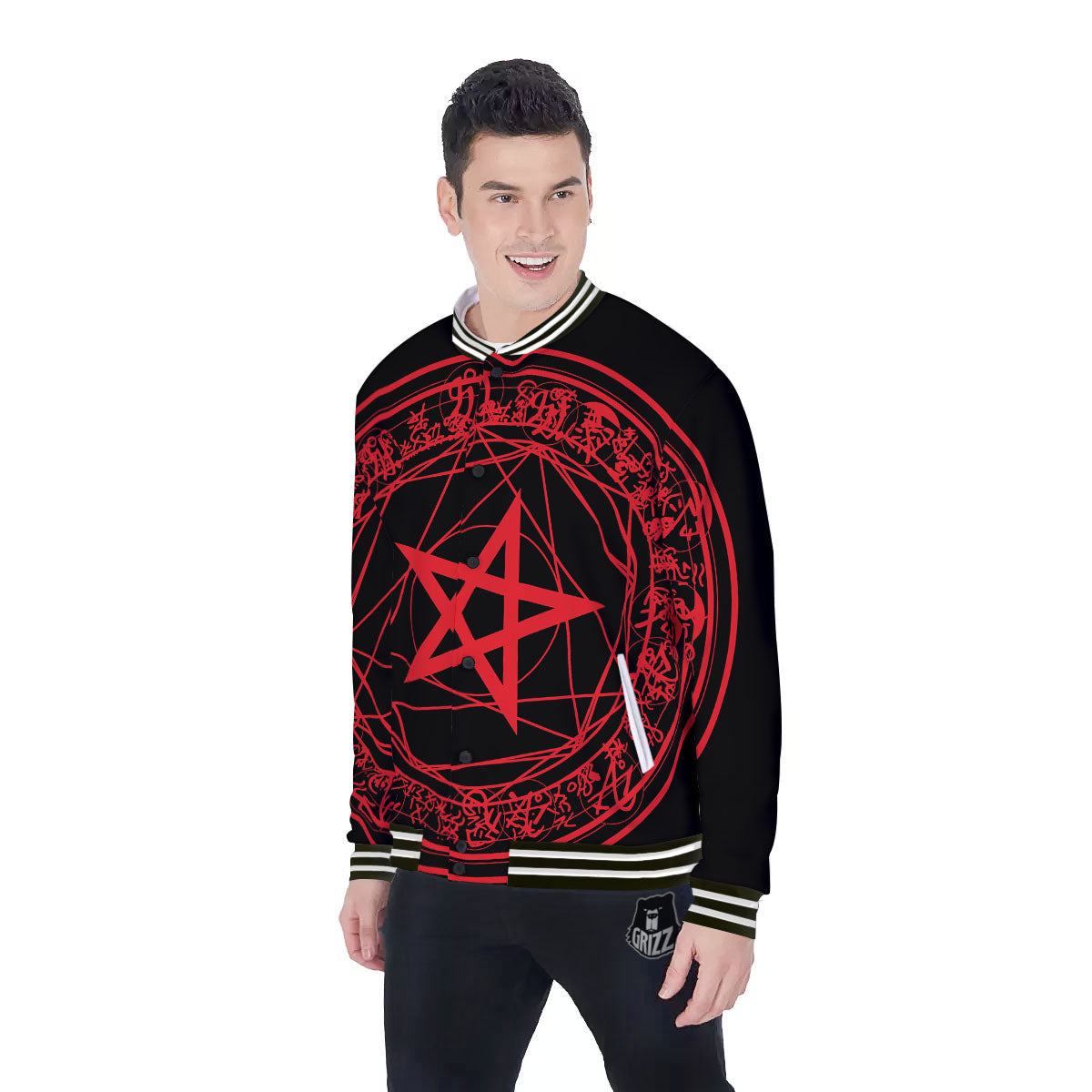 Satanic Pentagram Red And Black Print Baseball Jacket-grizzshop