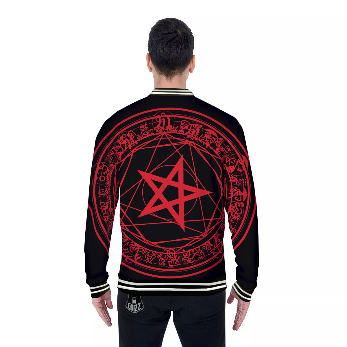 Satanic Pentagram Red And Black Print Baseball Jacket-grizzshop