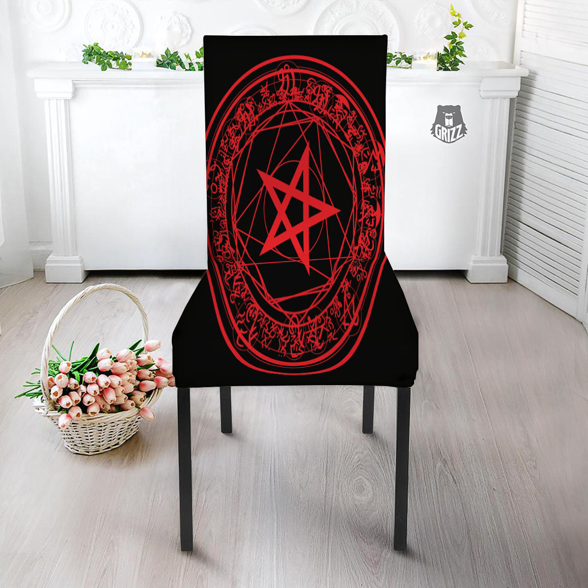 Satanic Pentagram Red And Black Print Dining Chair Slipcover-grizzshop