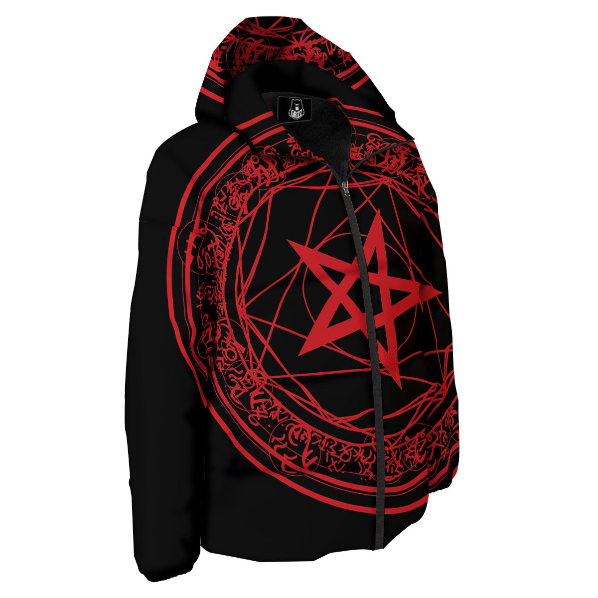 Satanic Pentagram Red And Black Print Down Jacket-grizzshop